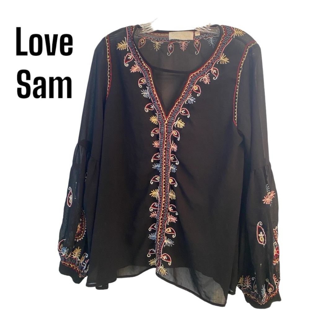 Love Sam Paisley-Embroidered Long-Sleeve Top, Black M
